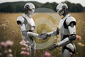 portrait of romantic couple human woman and male robot machine - futuristic love concept