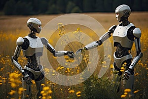 portrait of romantic couple human woman and male robot machine - futuristic love concept