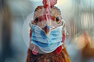 A portrait of a rooster wearing a medical mask, symbolizing the concept of avian flu and the prevention measures taken