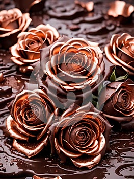 a portrait of roses with rosegold petals on a spilled melted chocolate
