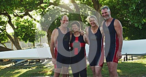 Portrait of a rowing team of four senior Caucasian men and women