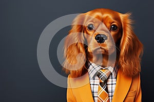 Portrait of a ruby cavalier king charles spaniel dog dressed in a shirt, bow tie and jacket.