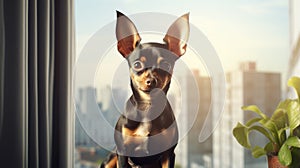 Portrait of a Russian Toy Terrier dog in an apartment, home interior, love and care, maintenance. complex