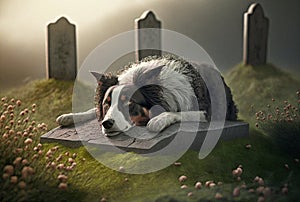 Portrait of a sad border collie dog waiting by the grave of its owner