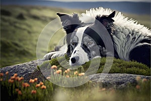 Portrait of a sad border collie dog waiting by the grave of its owner