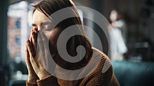 Portrait of Sad Crying Woman being Harrased and Bullied by Her Partner. Couple Arguing and Fighting