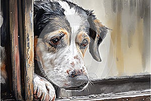 Portrait of a sad dog in an animal shelter, waiting for adoption