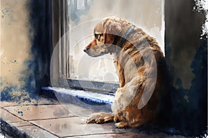 Portrait of a sad dog in an animal shelter, waiting for adoption