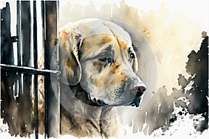 Portrait of a sad dog in an animal shelter, waiting for adoption