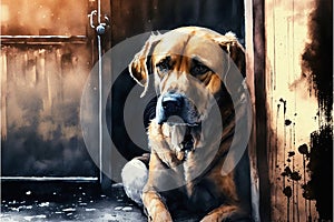 Portrait of a sad dog in an animal shelter, waiting for adoption