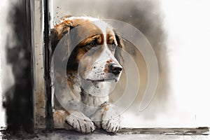 Portrait of a sad dog in an animal shelter, waiting for adoption