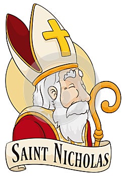 Portrait of Saint Nicholas with Mitre, Staff and Scroll, Vector Illustration