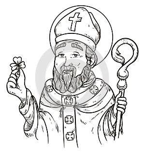 Portrait of Saint Patrick holding a shamrock in hand drawn style, Vector illustration