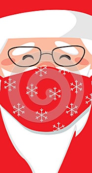 Portrait of Santa Claus wearing a medical protective mask against coronavirus during quarantine. Surgical red mask with snowflake