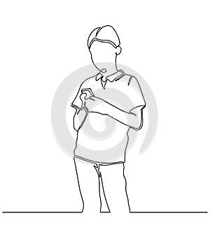 Portrait of a satisfied cute little kid playing games on smartphone isolated over white background. One line drawing of a little