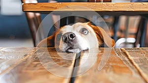 Portrait of scared dog hiding under chair looking worried