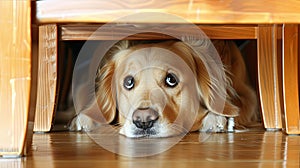 Portrait of scared dog hiding under chair looking worried