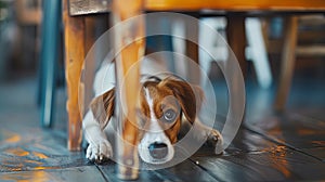 Portrait of scared dog hiding under chair looking worried