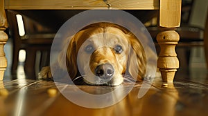 Portrait of scared dog hiding under chair looking worried