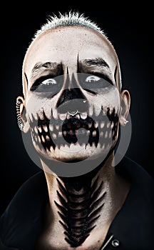 Portrait of a scary fierce staring male with skull makeup and piercings on a black background. 3d rendering