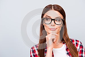 Portrait of sceptic young freelancer brown haired lady, she is i