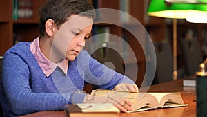 Portrait of schoolboy doing their homework in library or room