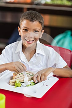 Portrait of schoolboy having lunch during break time