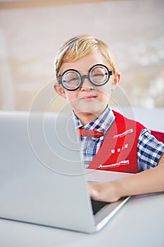 Portrait of schoolkid using laptop in classroom