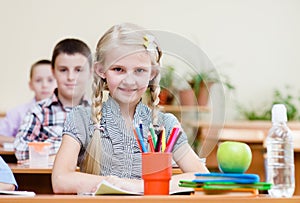 Portrait of schoolkids looking at camera at workplace