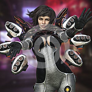 Portrait of a sci-fi female ranger with short brown hair in action, wearing futuristic battle armor.Science fiction