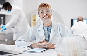 Portrait, science and woman with tablet, laboratory and success with experiment, happiness and update results. Face