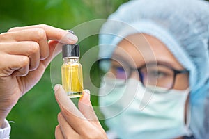 Portrait of scientist with mask, glasses  researching and examining hemp oil in a greenhouse. Concept of herbal alternative