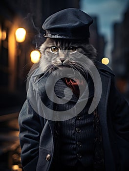 Portrait of a scottish fold cat dressed in 1920 style with a peaked hat