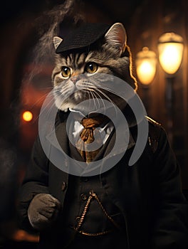 Portrait of a scottish fold cat dressed in 1920 style with a peaked hat