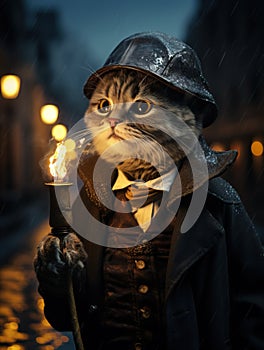Portrait of a scottish fold cat dressed in 1920 style with a peaked hat