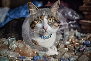 portrait of a scrappy - looking calico cat, perched on a pile of cash and surrounded by bags of blue crystals. Cat as Breaking bad