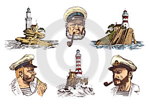 Portrait of a sea captain. Marine old sailor and Lighthouse. Bluejacket, whistle and seaman with beard or men seafarer