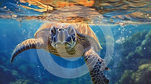 Portrait of sea turtle swimming underwater. Generative AI