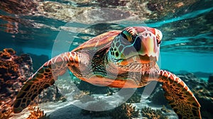 Portrait of sea turtle swimming underwater. Generative AI