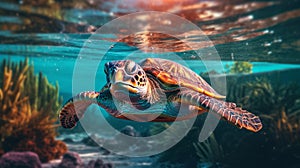 Portrait of sea turtle swimming underwater. Generative AI