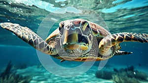 Portrait of sea turtle swimming underwater. Generative AI