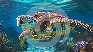 Portrait of sea turtle swimming underwater. Generative AI