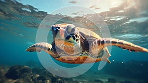 Portrait of sea turtle swimming underwater. Generative AI