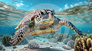 Portrait of sea turtle swimming underwater. Generative AI