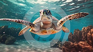 Portrait of sea turtle swimming underwater. Generative AI