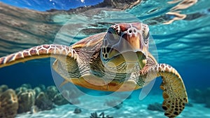 Portrait of sea turtle swimming underwater. Generative AI