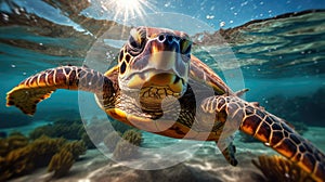 Portrait of a sea turtle swimming underwater in the ocean, underwater world. Generative AI