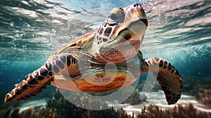 Portrait of a sea turtle swimming underwater in the ocean, underwater world. Generative AI