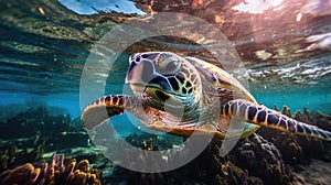 Portrait of a sea turtle swimming underwater in the ocean, underwater world. Generative AI