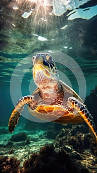 Portrait of a sea turtle swimming underwater in the ocean, underwater world. Generative AI